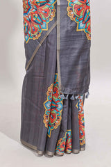 Grey mandala madhubani design linen cotton saree with self zari border and matching blouse