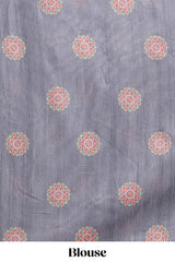Grey mandala madhubani design linen cotton saree with self zari border and matching blouse