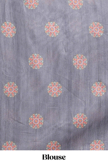 Grey mandala madhubani design linen cotton saree with self zari border and matching blouse