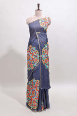 Dark blue mandala madhubani design linen cotton saree with self zari border and matching blouse
