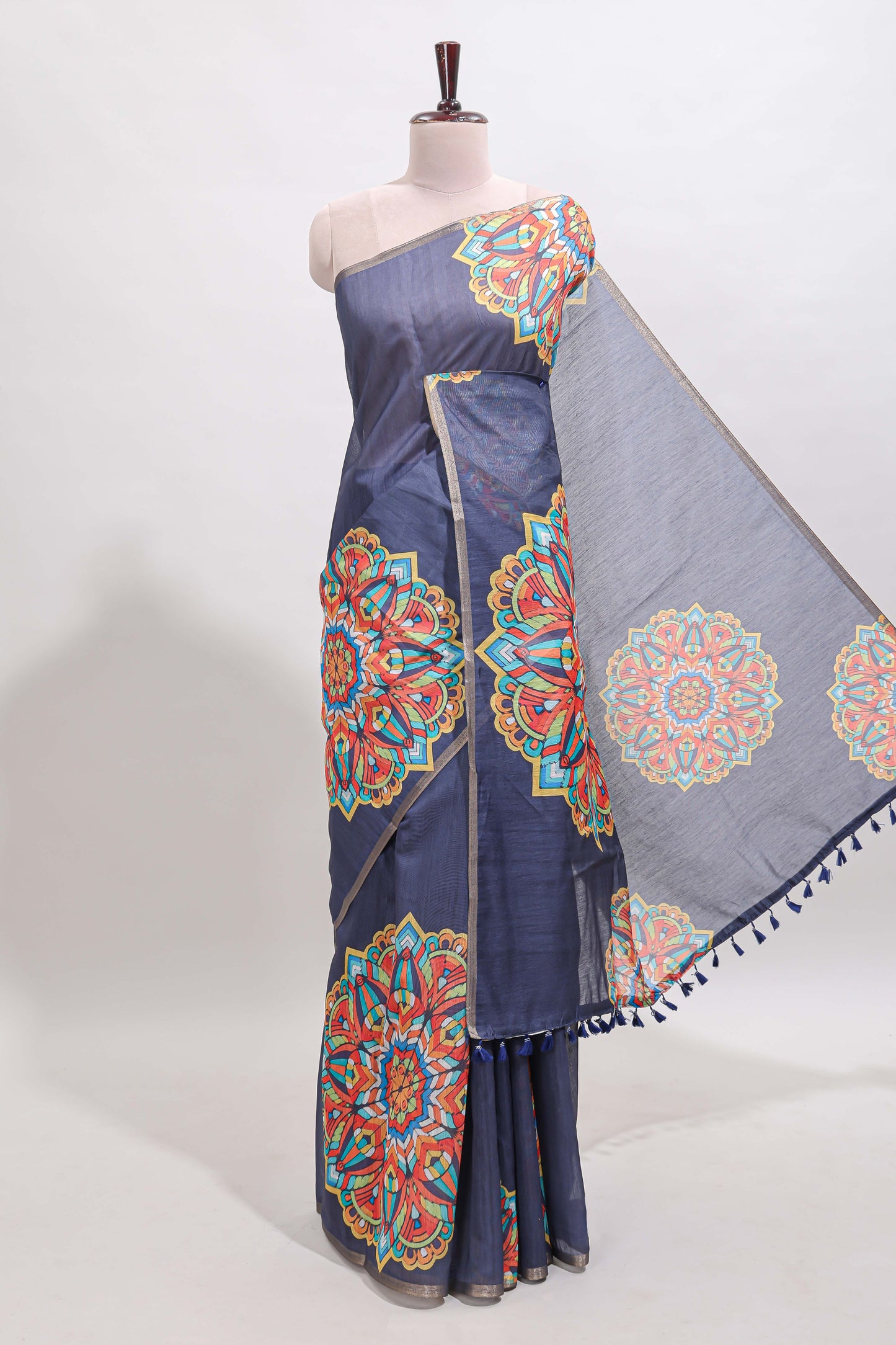 Dark blue mandala madhubani design linen cotton saree with self zari border and matching blouse