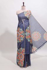 Dark blue mandala madhubani design linen cotton saree with self zari border and matching blouse
