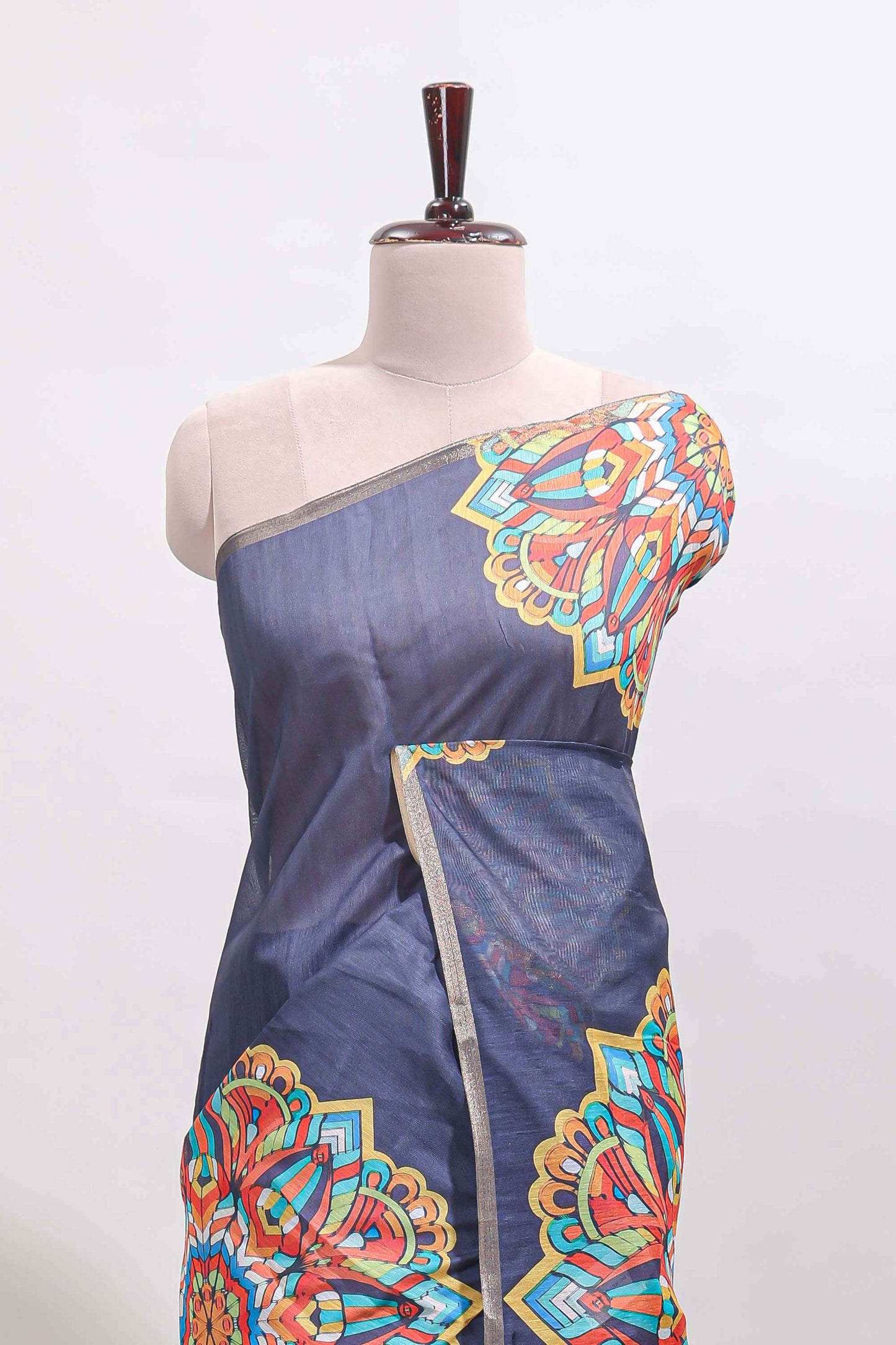 Dark blue mandala madhubani design linen cotton saree with self zari border and matching blouse