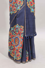 Dark blue mandala madhubani design linen cotton saree with self zari border and matching blouse