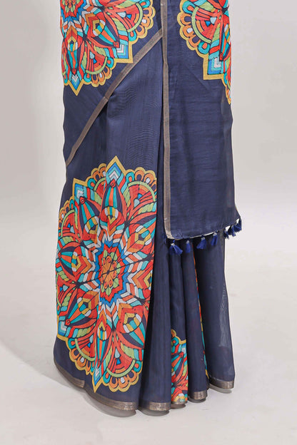 Dark blue mandala madhubani design linen cotton saree with self zari border and matching blouse