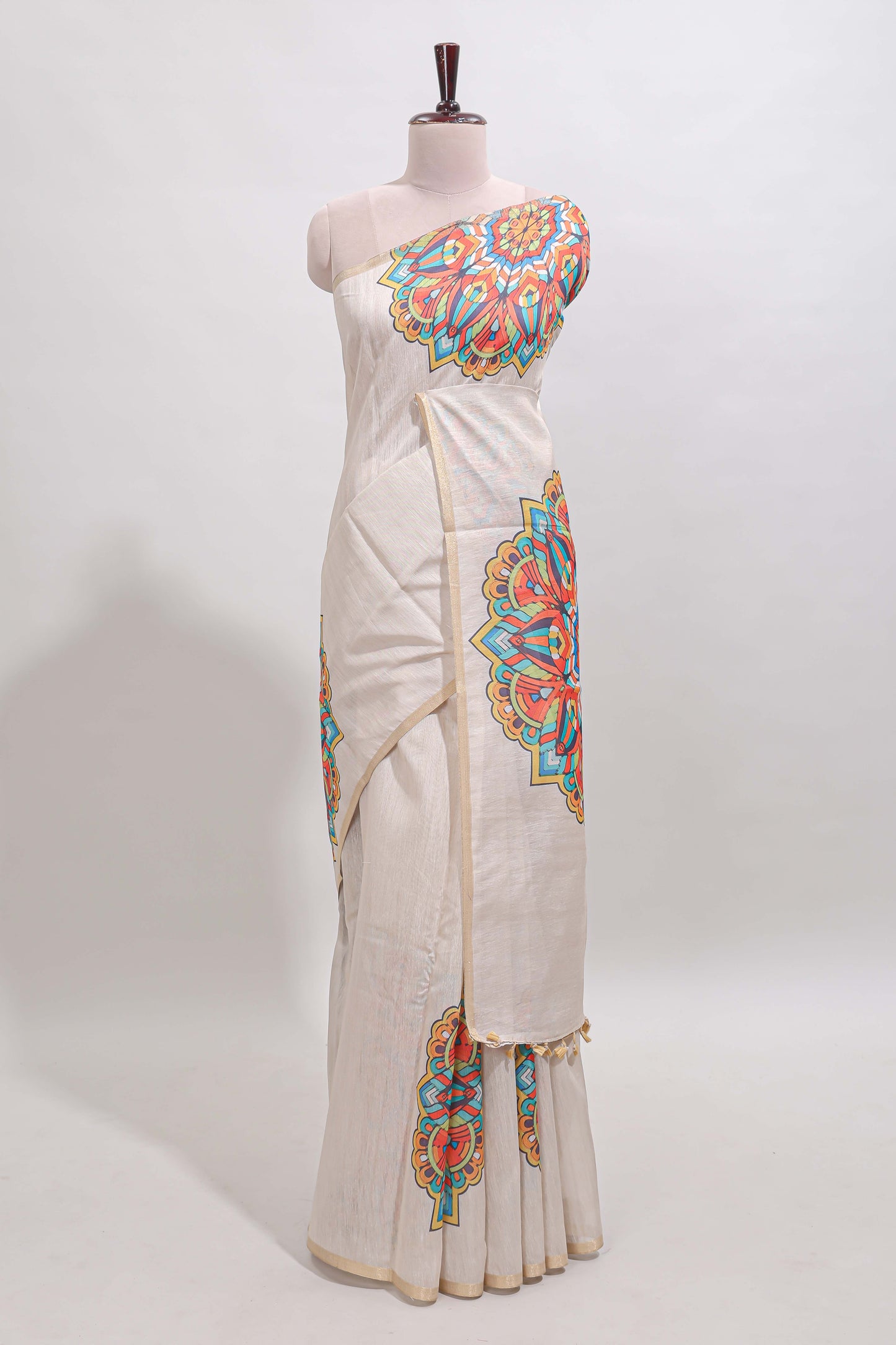 Cream mandala madhubani design linen cotton saree with self zari border and matching blouse