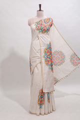 Cream mandala madhubani design linen cotton saree with self zari border and matching blouse