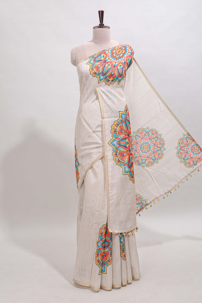 Cream mandala madhubani design linen cotton saree with self zari border and matching blouse