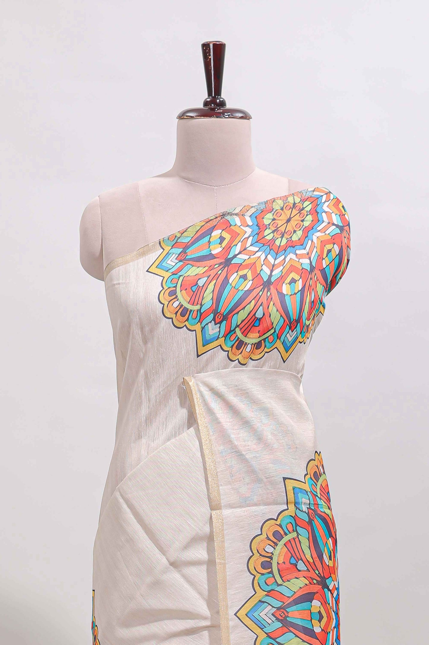 Cream mandala madhubani design linen cotton saree with self zari border and matching blouse