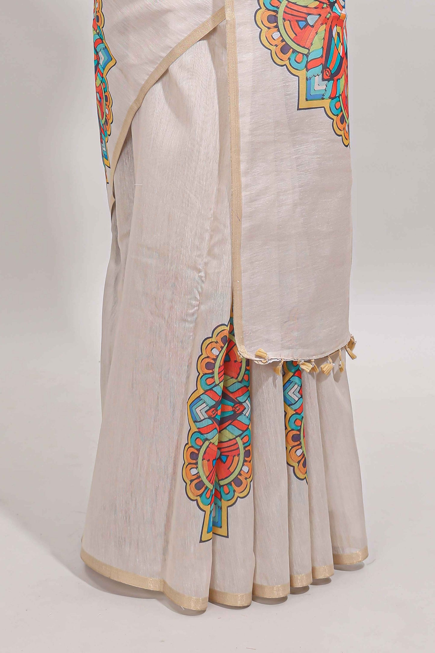 Cream mandala madhubani design linen cotton saree with self zari border and matching blouse