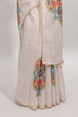 Cream mandala madhubani design linen cotton saree with self zari border and matching blouse