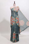 Green mandala madhubani design linen cotton saree with self zari border and matching blouse