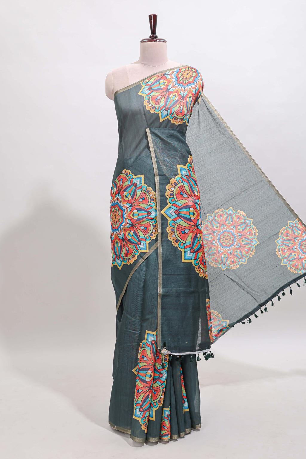 Green mandala madhubani design linen cotton saree with self zari border and matching blouse