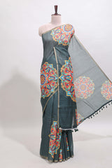 Green mandala madhubani design linen cotton saree with self zari border and matching blouse