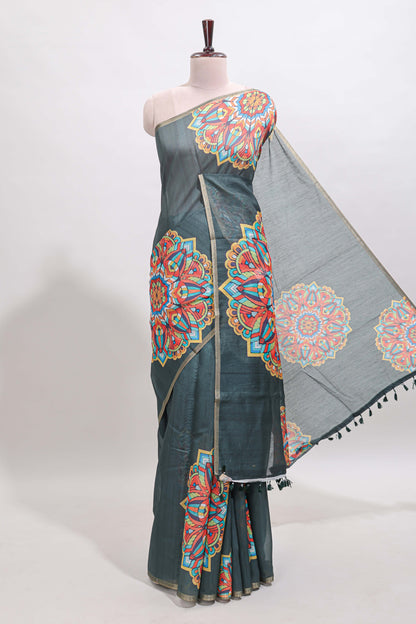 Green mandala madhubani design linen cotton saree with self zari border and matching blouse
