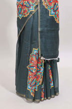 Green mandala madhubani design linen cotton saree with self zari border and matching blouse