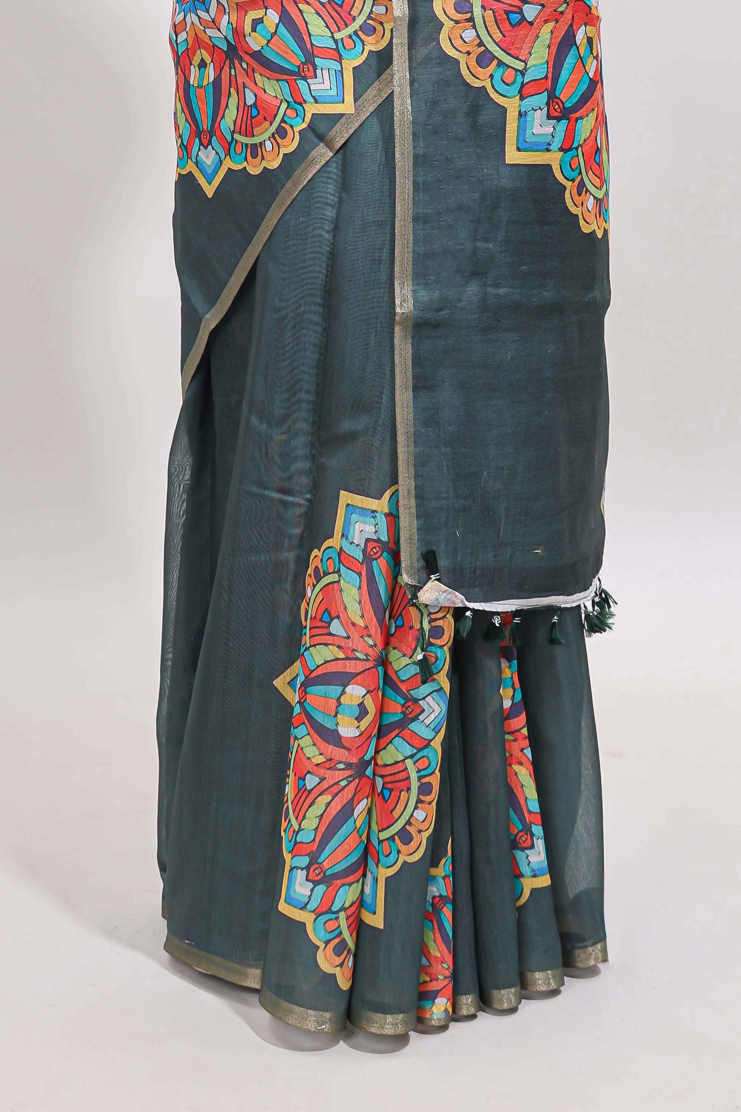 Green mandala madhubani design linen cotton saree with self zari border and matching blouse