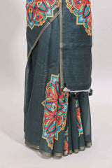 Green mandala madhubani design linen cotton saree with self zari border and matching blouse