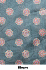 Green mandala madhubani design linen cotton saree with self zari border and matching blouse