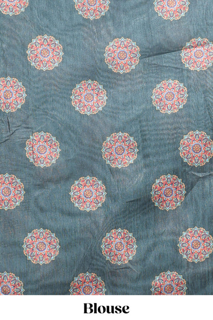 Green mandala madhubani design linen cotton saree with self zari border and matching blouse