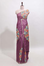 Purple mandala madhubani design linen cotton saree with self zari border and matching blouse
