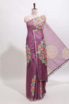 Purple mandala madhubani design linen cotton saree with self zari border and matching blouse