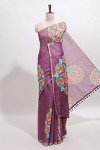 Purple mandala madhubani design linen cotton saree with self zari border and matching blouse
