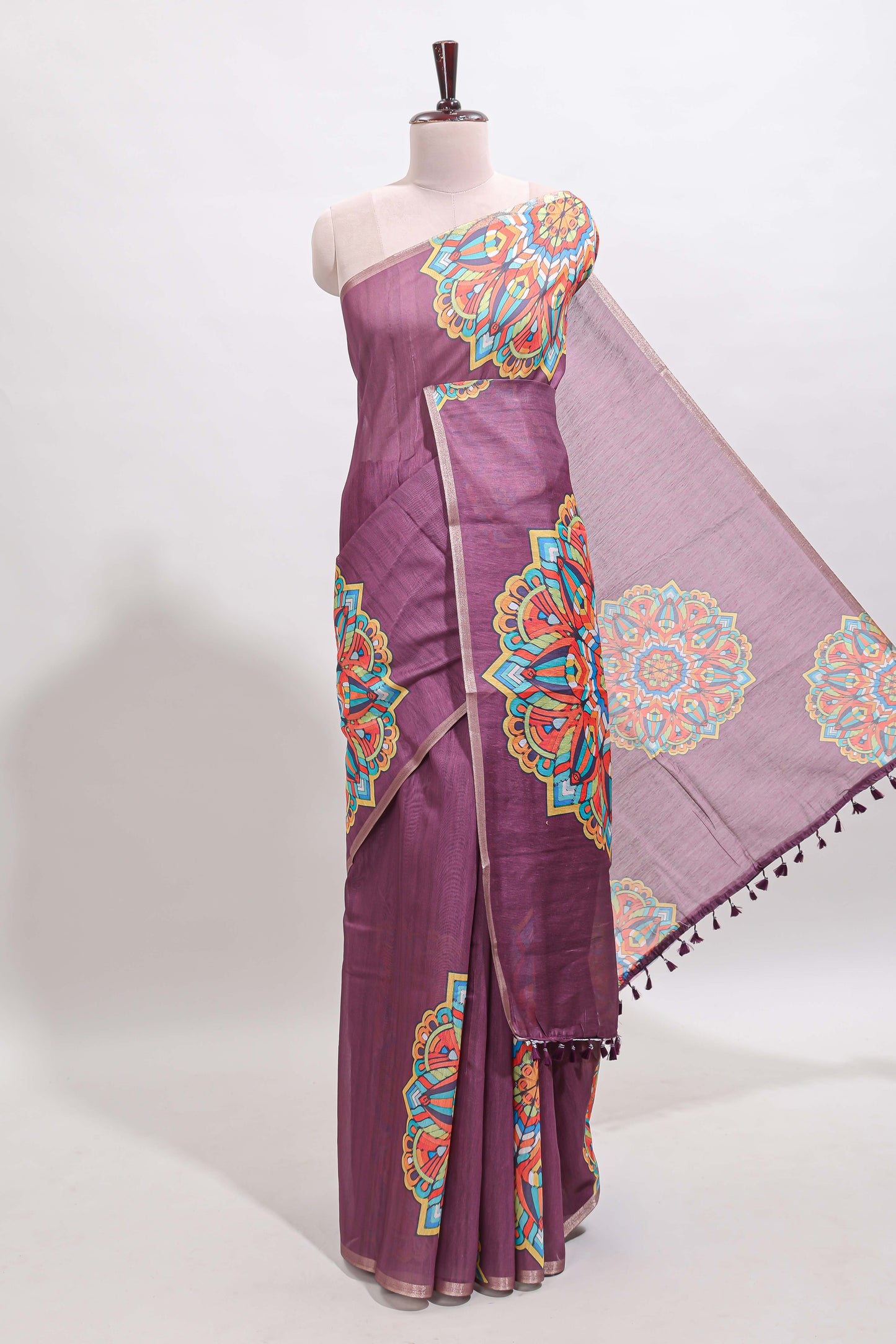 Purple mandala madhubani design linen cotton saree with self zari border and matching blouse