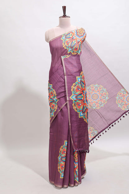 Purple mandala madhubani design linen cotton saree with self zari border and matching blouse