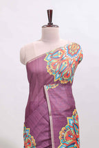 Purple mandala madhubani design linen cotton saree with self zari border and matching blouse