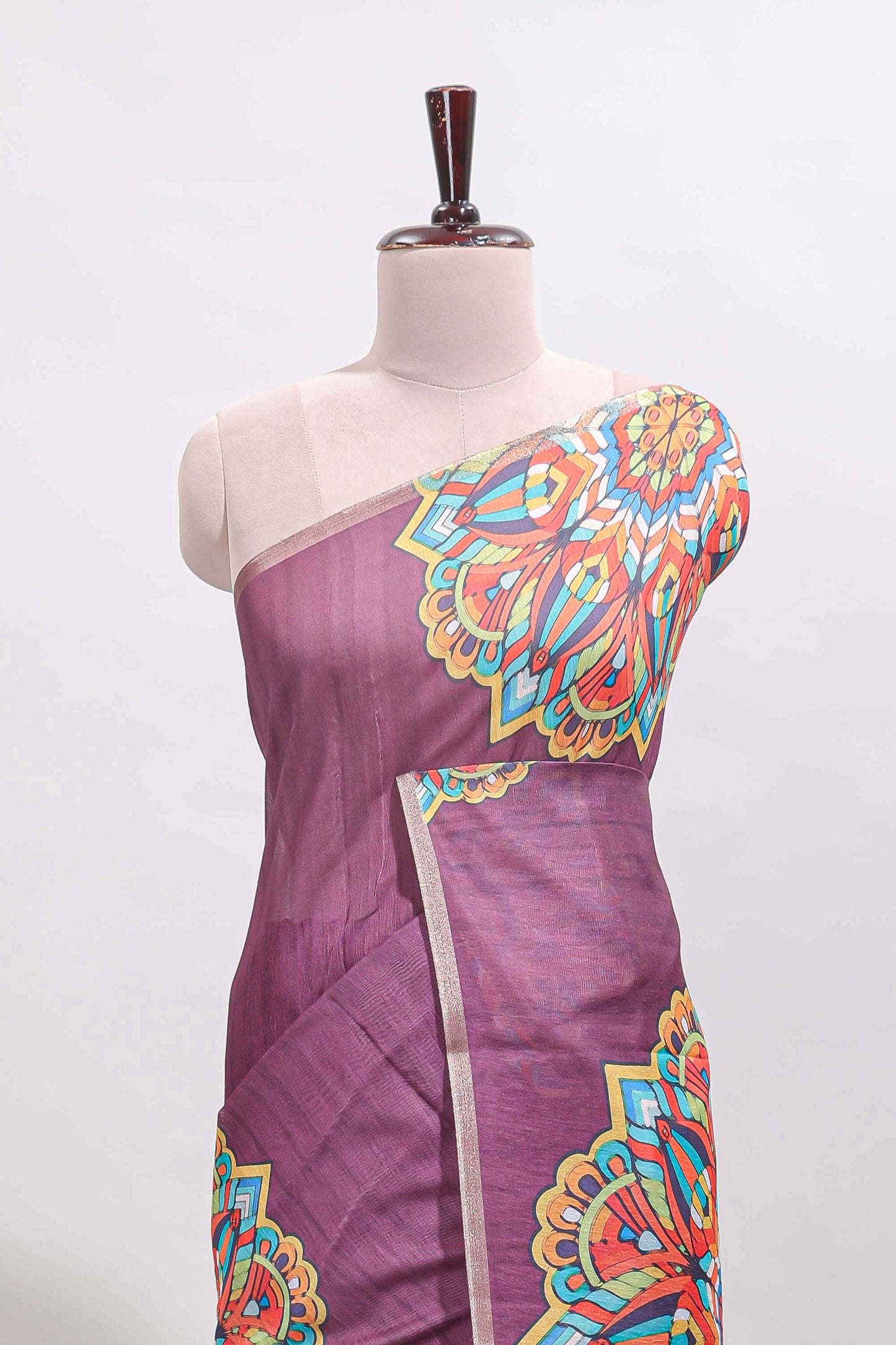 Purple mandala madhubani design linen cotton saree with self zari border and matching blouse