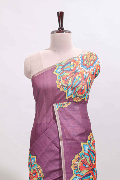 Purple mandala madhubani design linen cotton saree with self zari border and matching blouse