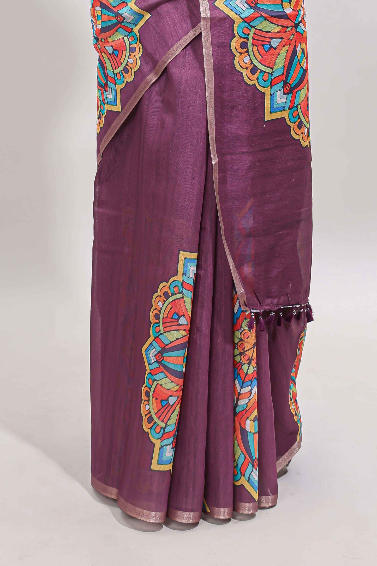 Purple mandala madhubani design linen cotton saree with self zari border and matching blouse