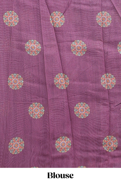 Purple mandala madhubani design linen cotton saree with self zari border and matching blouse