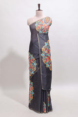 Black mandala madhubani design linen cotton saree with self zari border and matching blouse