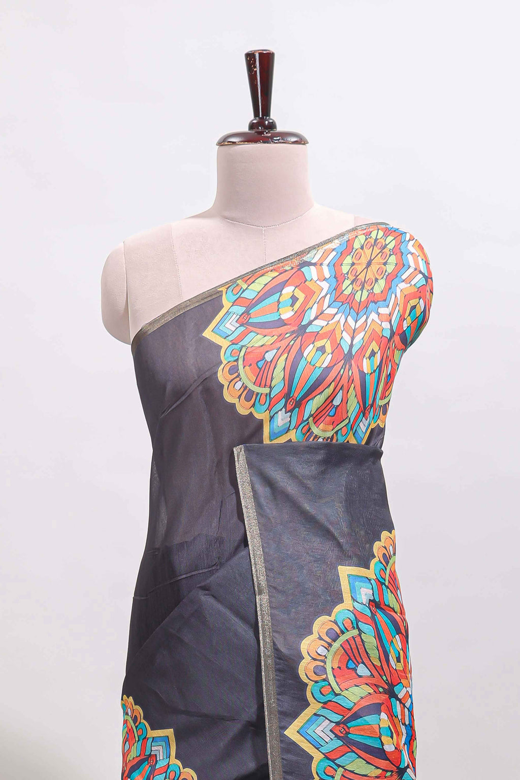 Black mandala madhubani design linen cotton saree with self zari border and matching blouse