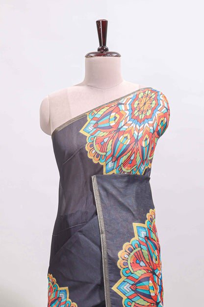 Black mandala madhubani design linen cotton saree with self zari border and matching blouse