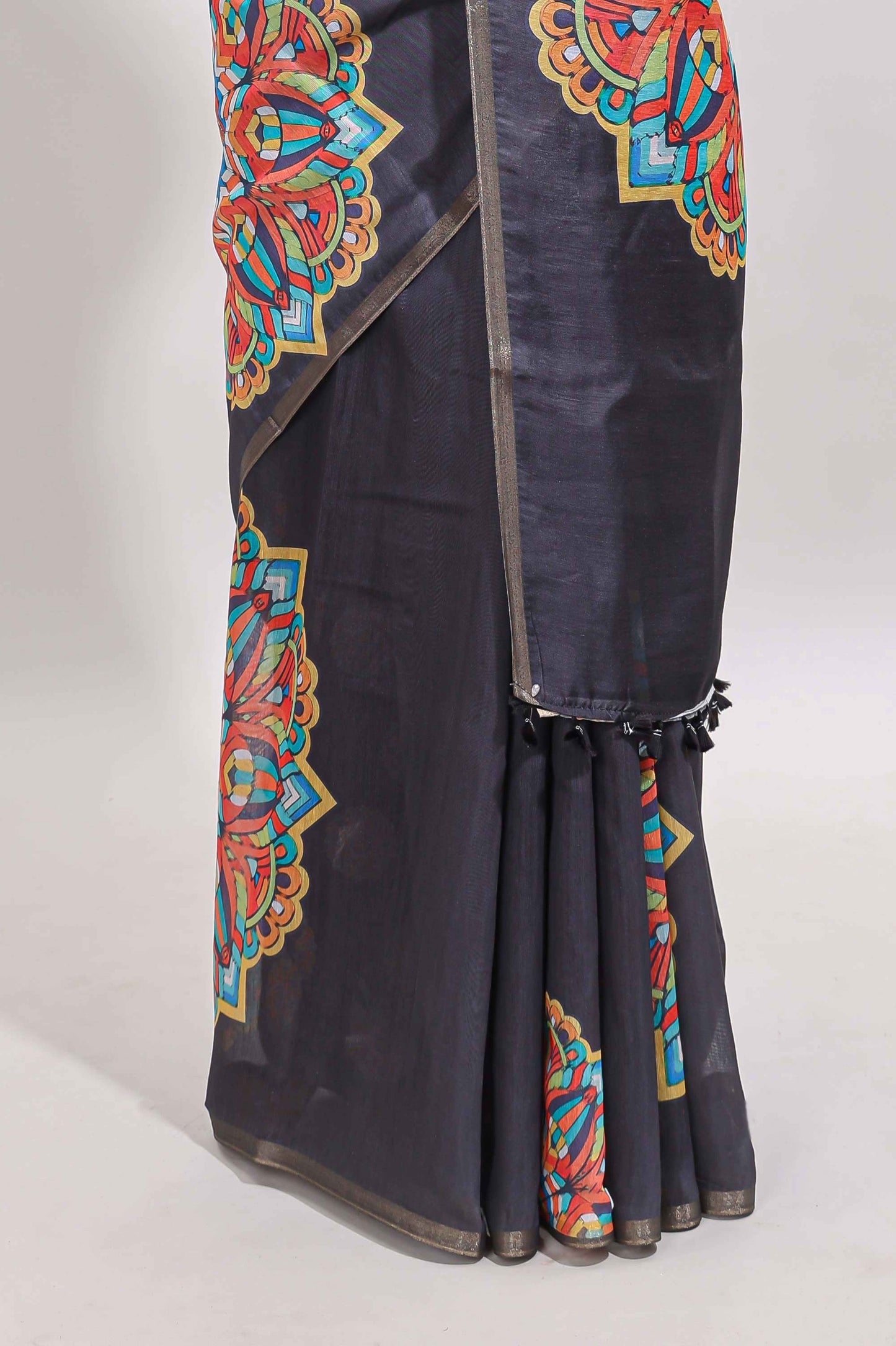 Black mandala madhubani design linen cotton saree with self zari border and matching blouse