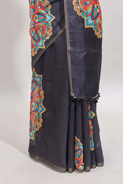 Black mandala madhubani design linen cotton saree with self zari border and matching blouse