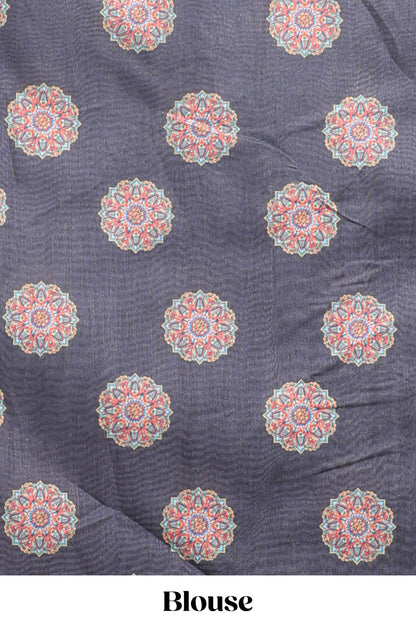 Black mandala madhubani design linen cotton saree with self zari border and matching blouse