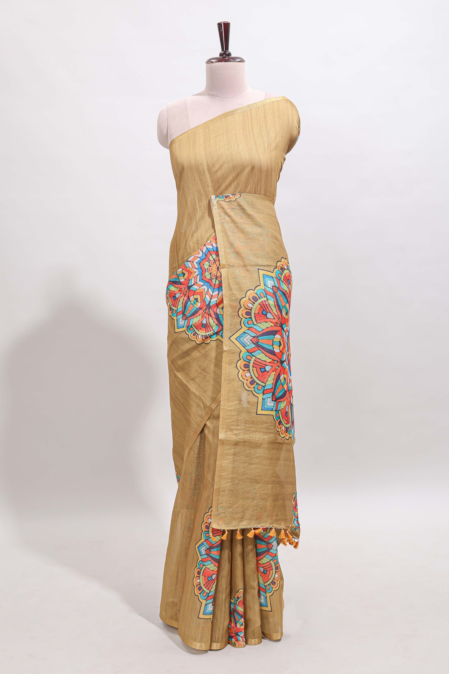 Mustard mandala madhubani design linen cotton saree with self zari border and matching blouse