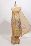 Mustard mandala madhubani design linen cotton saree with self zari border and matching blouse