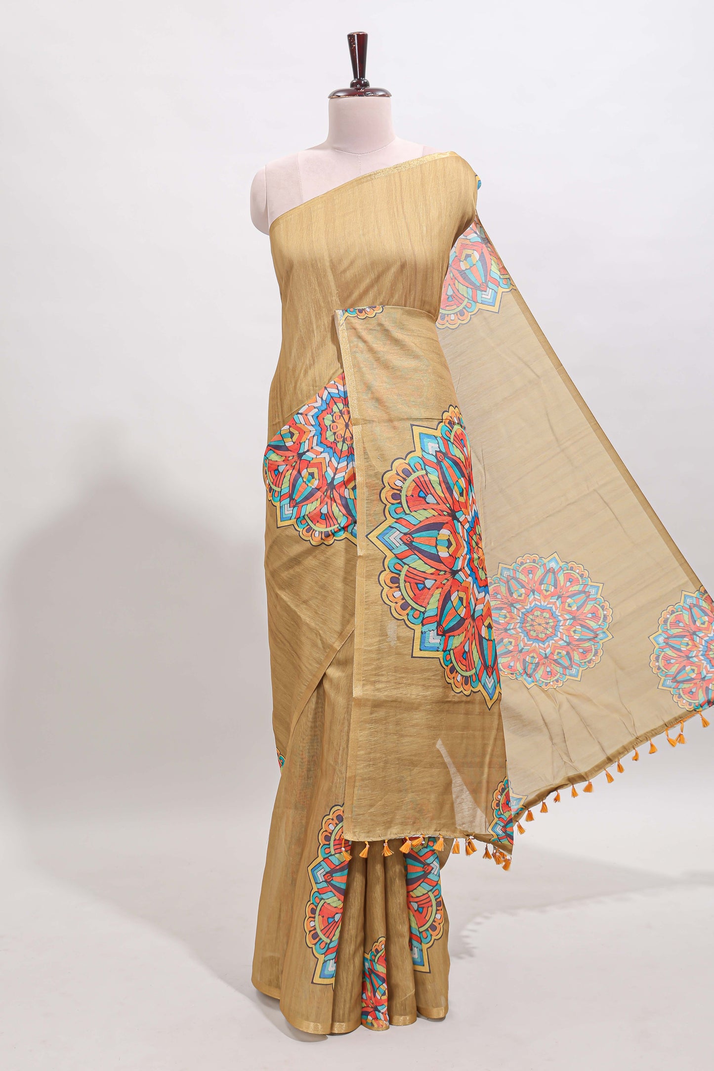 Mustard mandala madhubani design linen cotton saree with self zari border and matching blouse