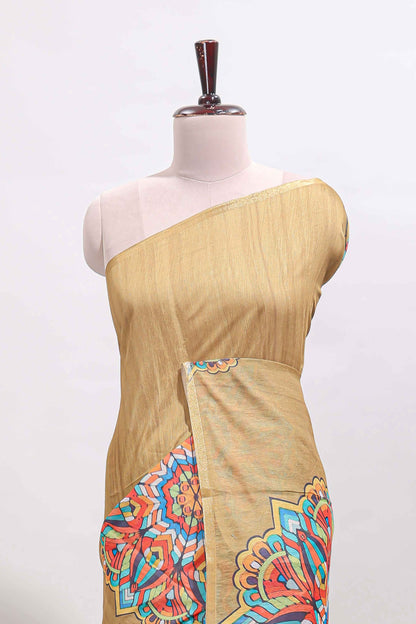 Mustard mandala madhubani design linen cotton saree with self zari border and matching blouse