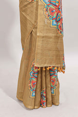 Mustard mandala madhubani design linen cotton saree with self zari border and matching blouse
