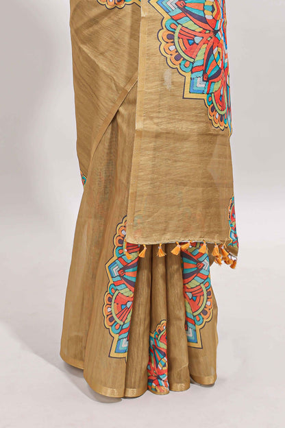 Mustard mandala madhubani design linen cotton saree with self zari border and matching blouse