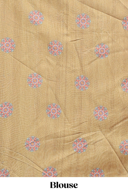 Mustard mandala madhubani design linen cotton saree with self zari border and matching blouse