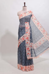 Dark grey floral design linen cotton saree with contrast floral design border and matching blouse
