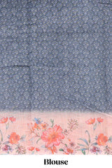 Dark grey floral design linen cotton saree with contrast floral design border and matching blouse