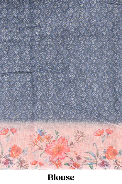 Dark grey floral design linen cotton saree with contrast floral design border and matching blouse